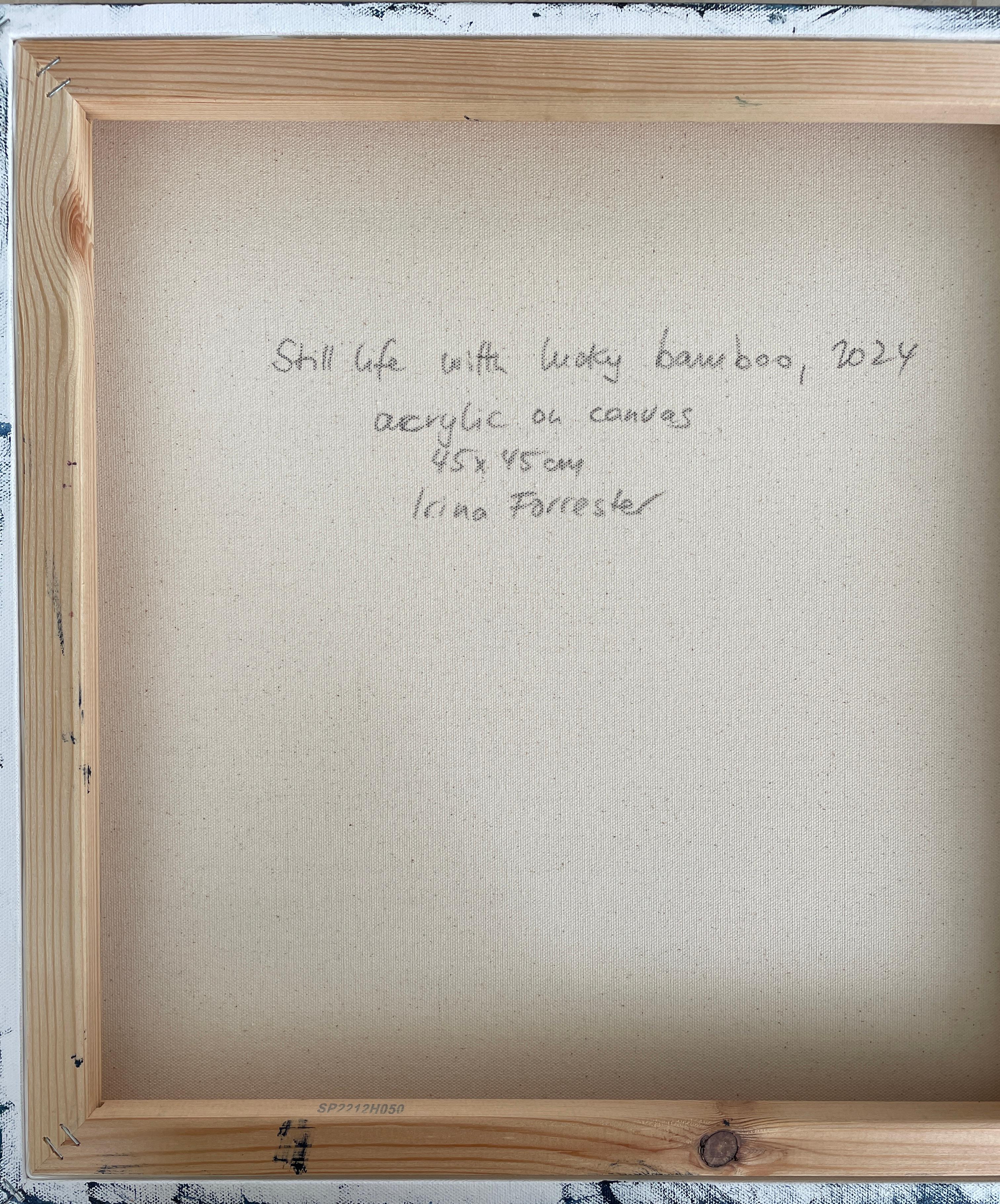 „Stillleben mit glücklichem Bambus“, halb abstrakt, kräftige Farben, rot, grün, quadratisch im Angebot 2