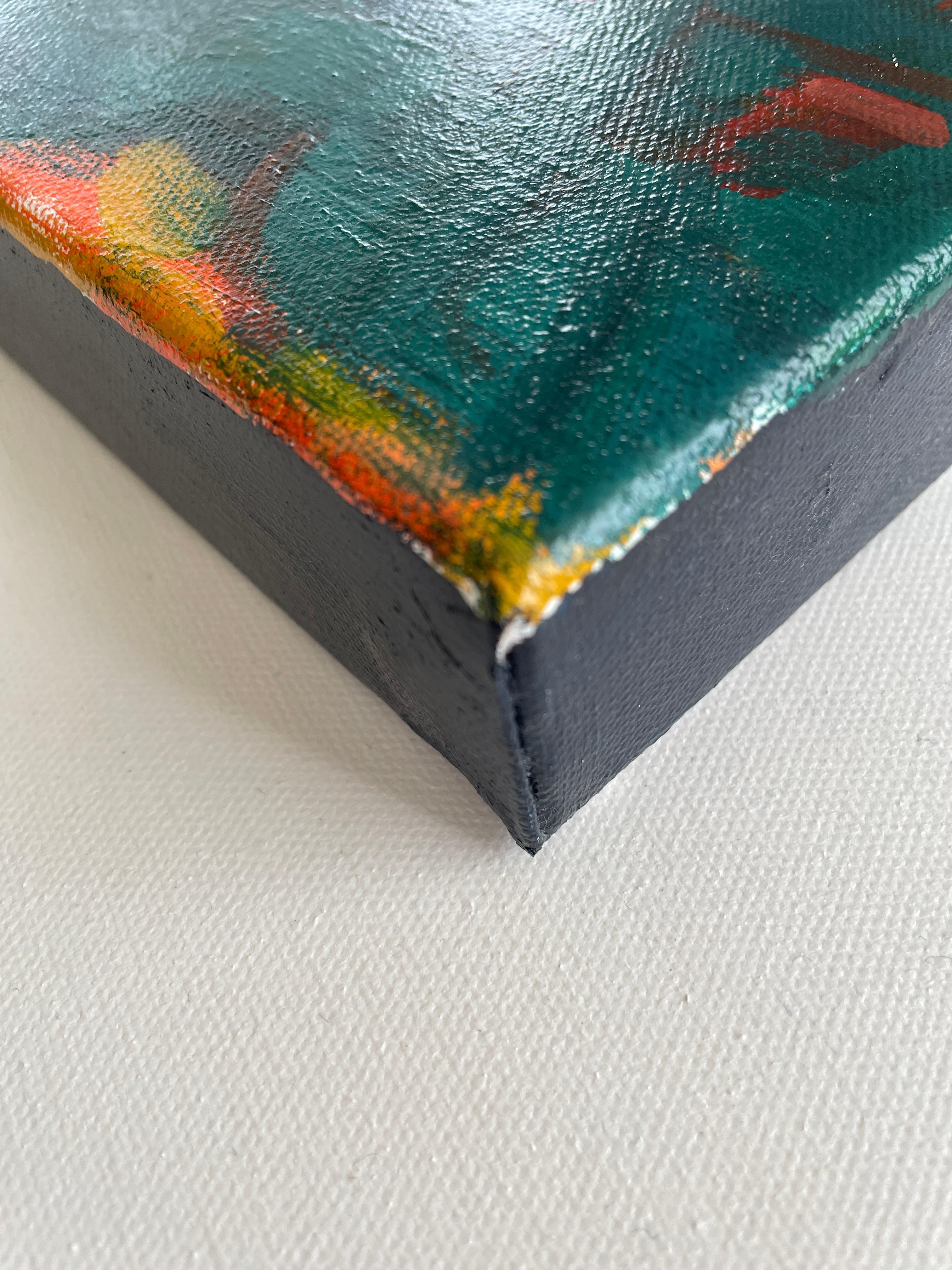 „Stillleben mit glücklichem Bambus“, halb abstrakt, kräftige Farben, rot, grün, quadratisch im Angebot 3