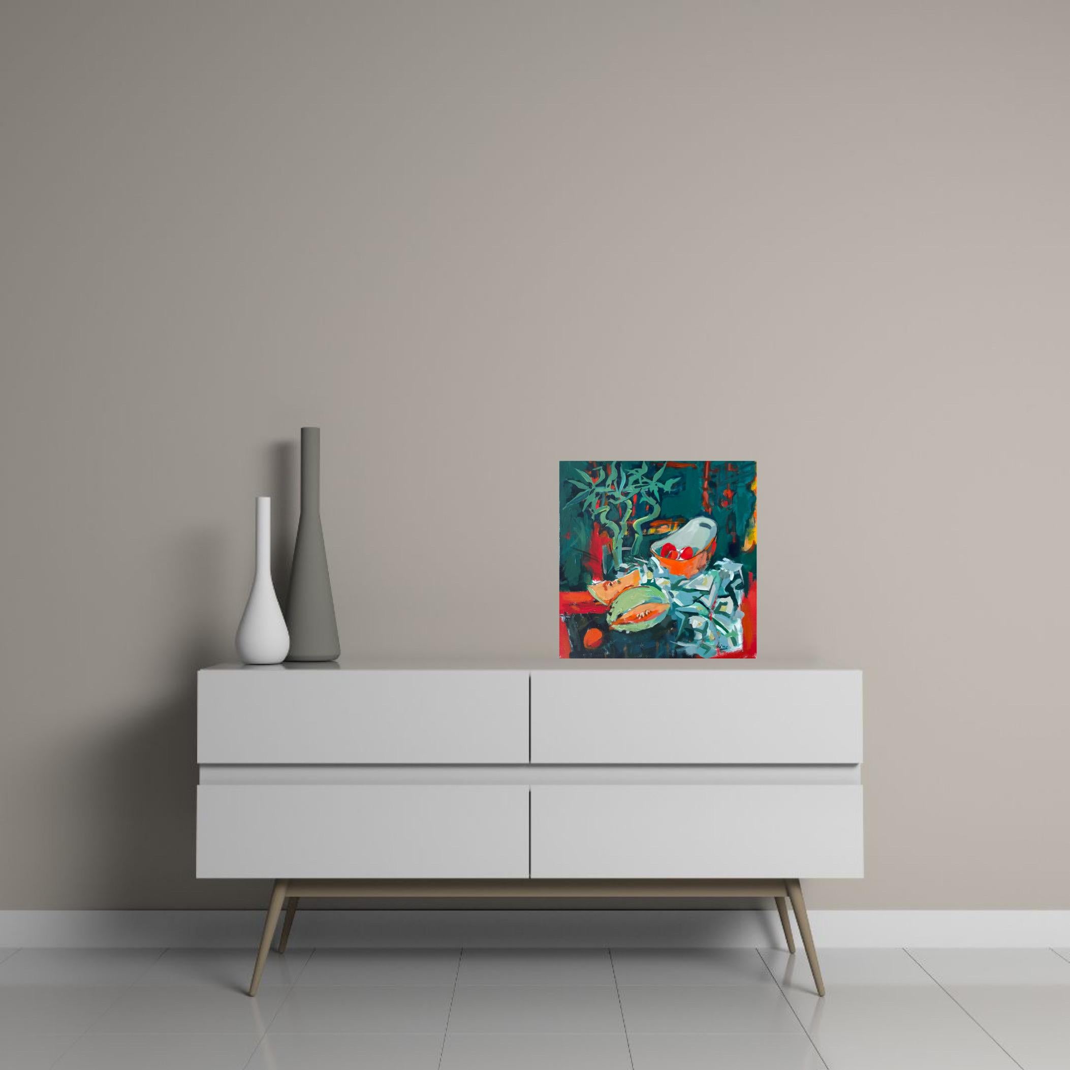 „Stillleben mit glücklichem Bambus“, halb abstrakt, kräftige Farben, rot, grün, quadratisch im Angebot 4