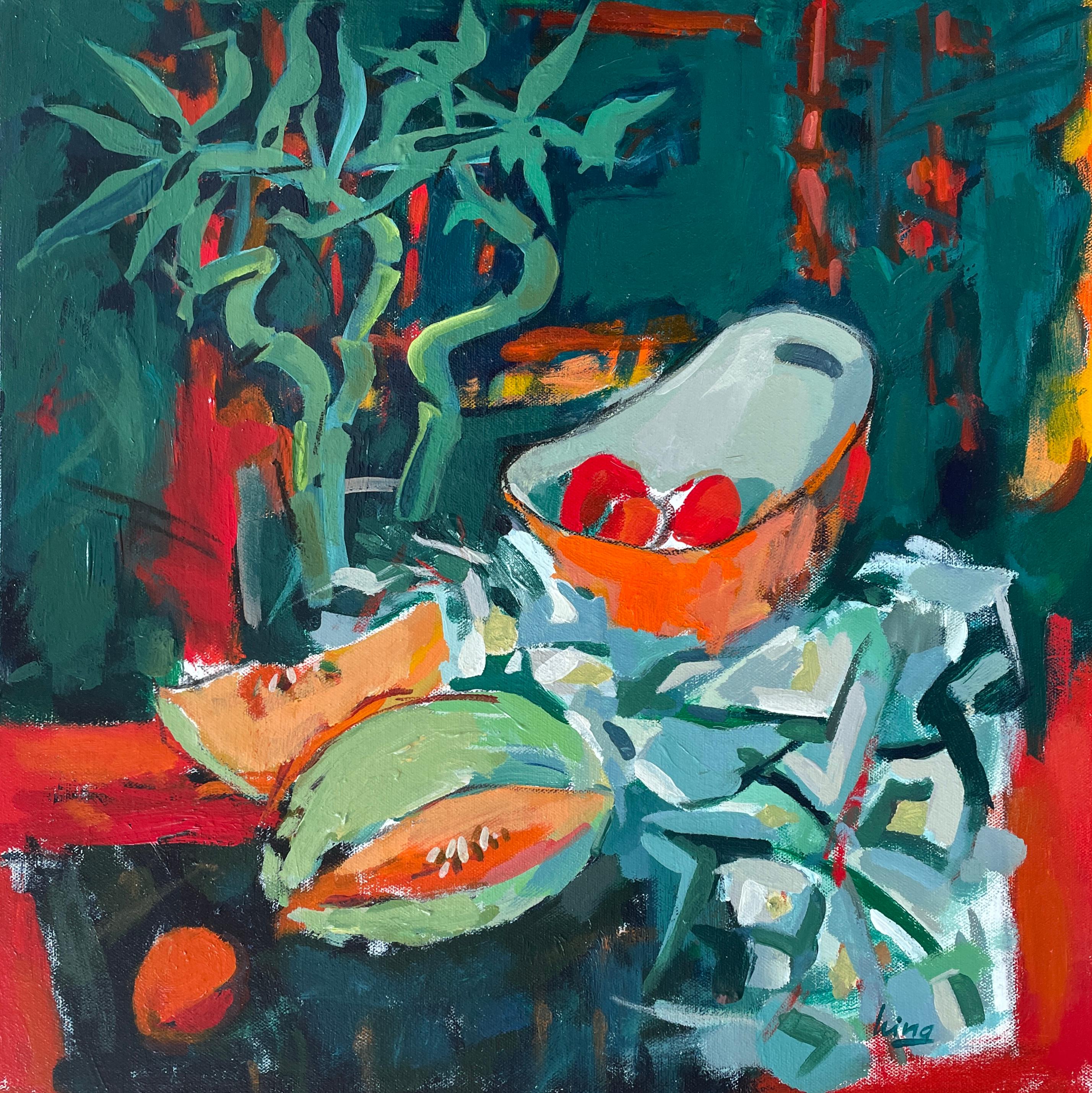 "Still life with lucky bamboo", semi-abstract, bold colors, red, green, square