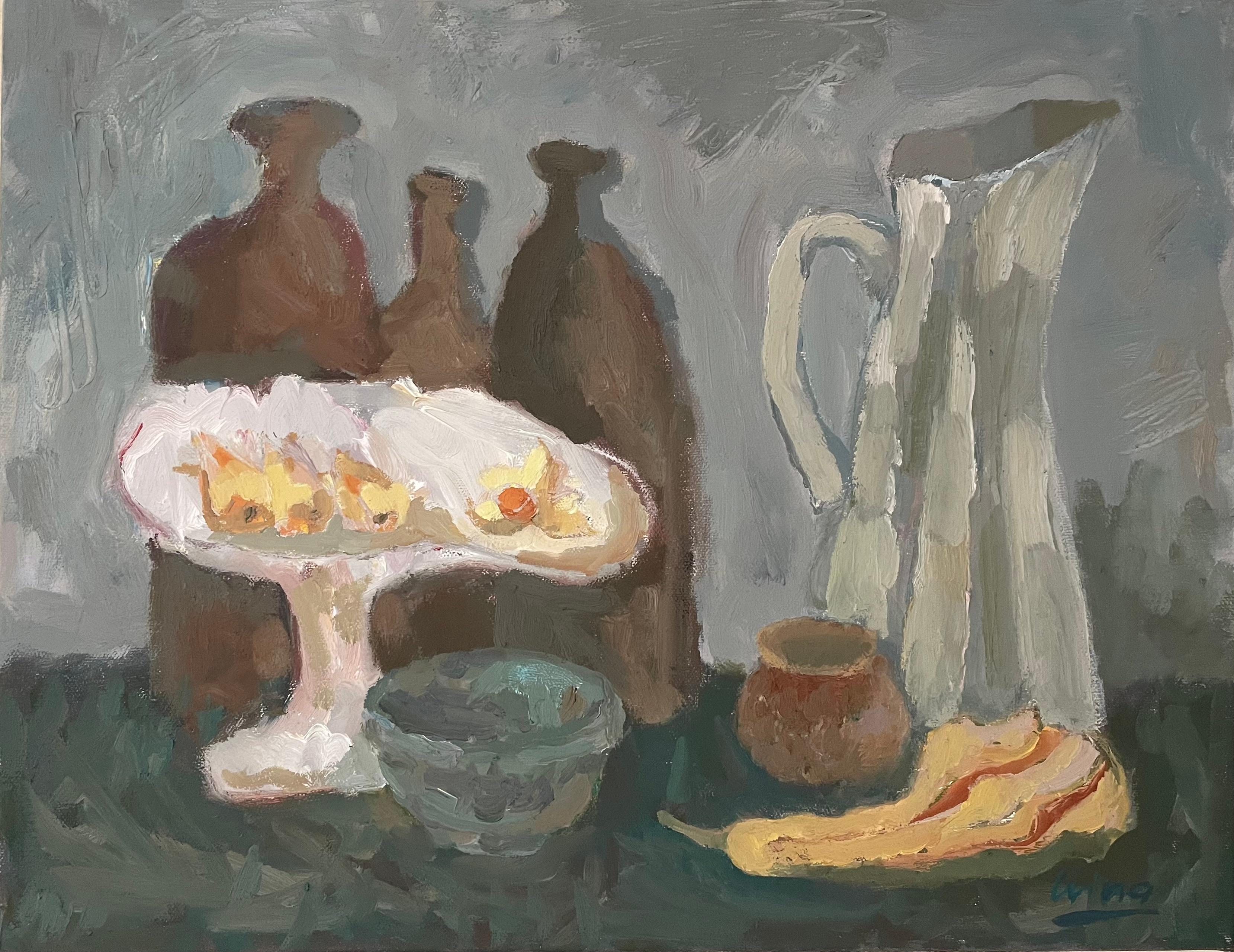 "Natura morta con zucca", pittura a olio, opere d'arte da collezione, natura morta