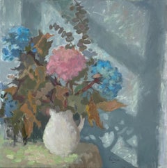 Still Life with Shadows, square, flowers, atmospheric, impressionism, elegant