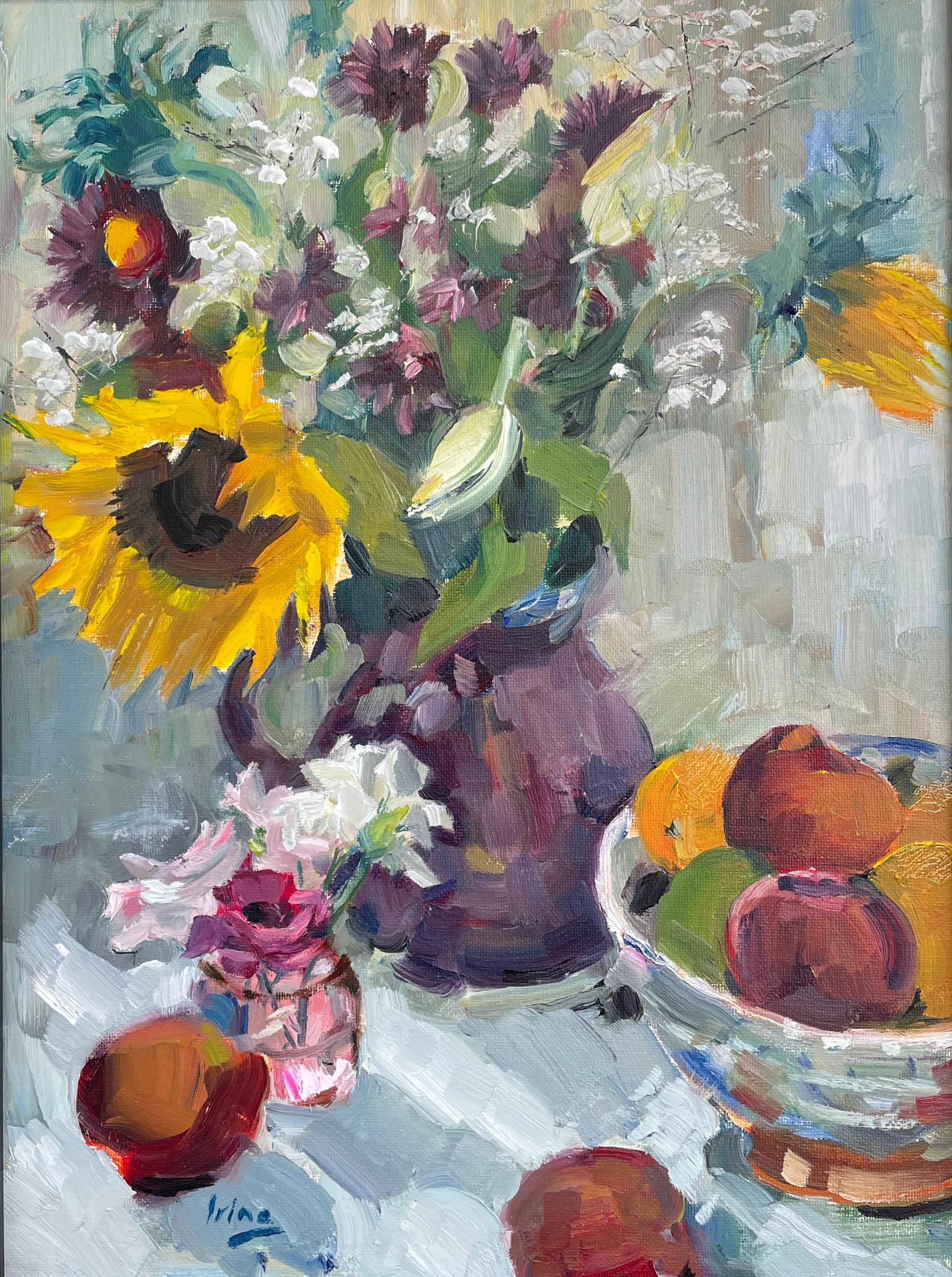 "Still life with sunflowers", vertical, impressionism, still life, oil painting