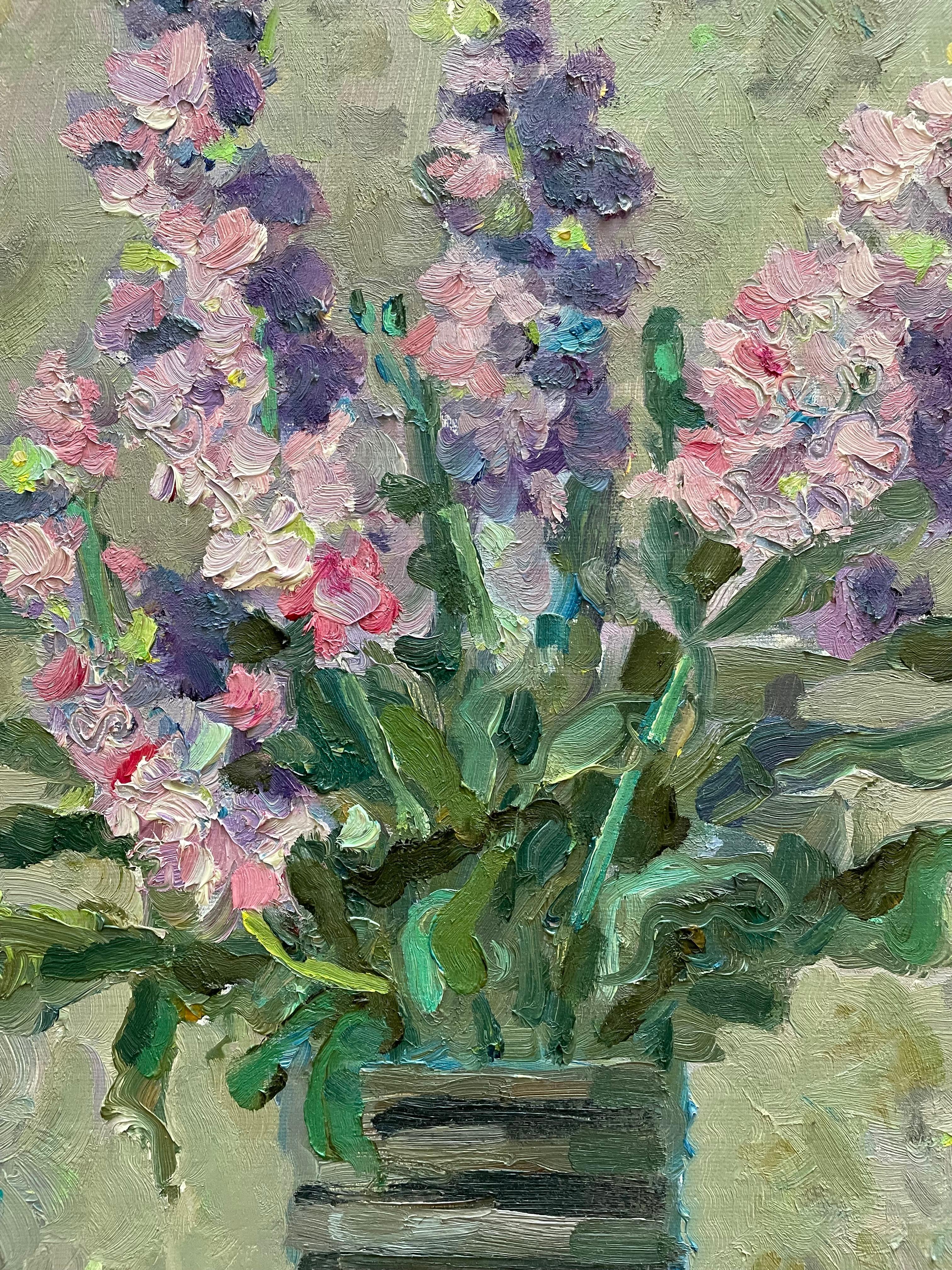 Stocks, flowers, pink, purple, vertical - Impressionist Painting by Irina Forrester