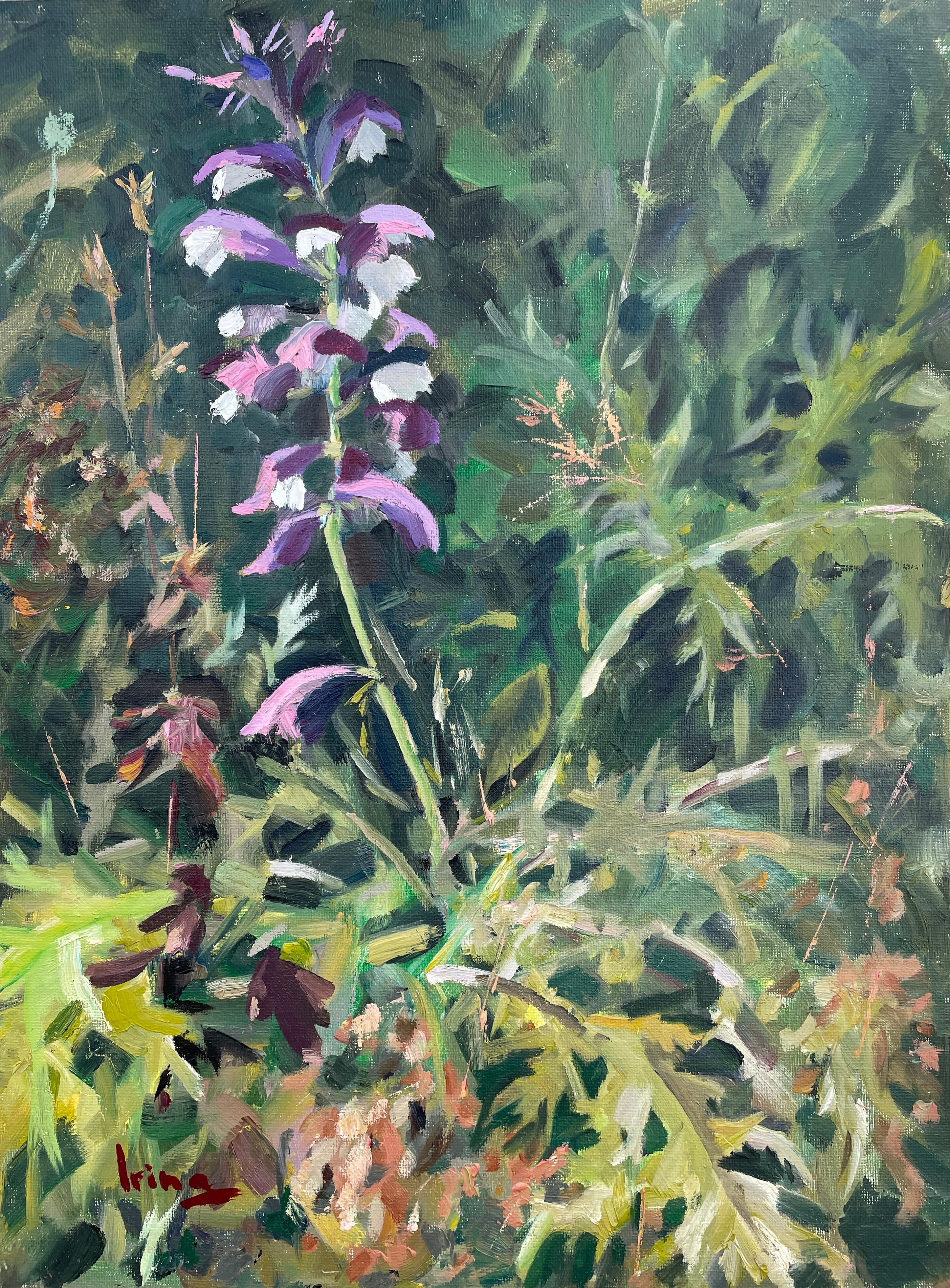 "Rincón soleado del jardín, Acanto", jardín inglés, flores, vertical, óleo