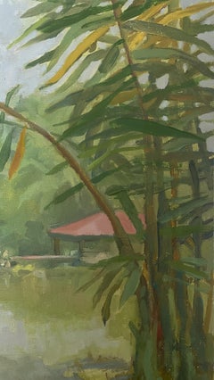 Symphony Lake, Botanic Gardens, small vertical landscape, oil, tropics, nature