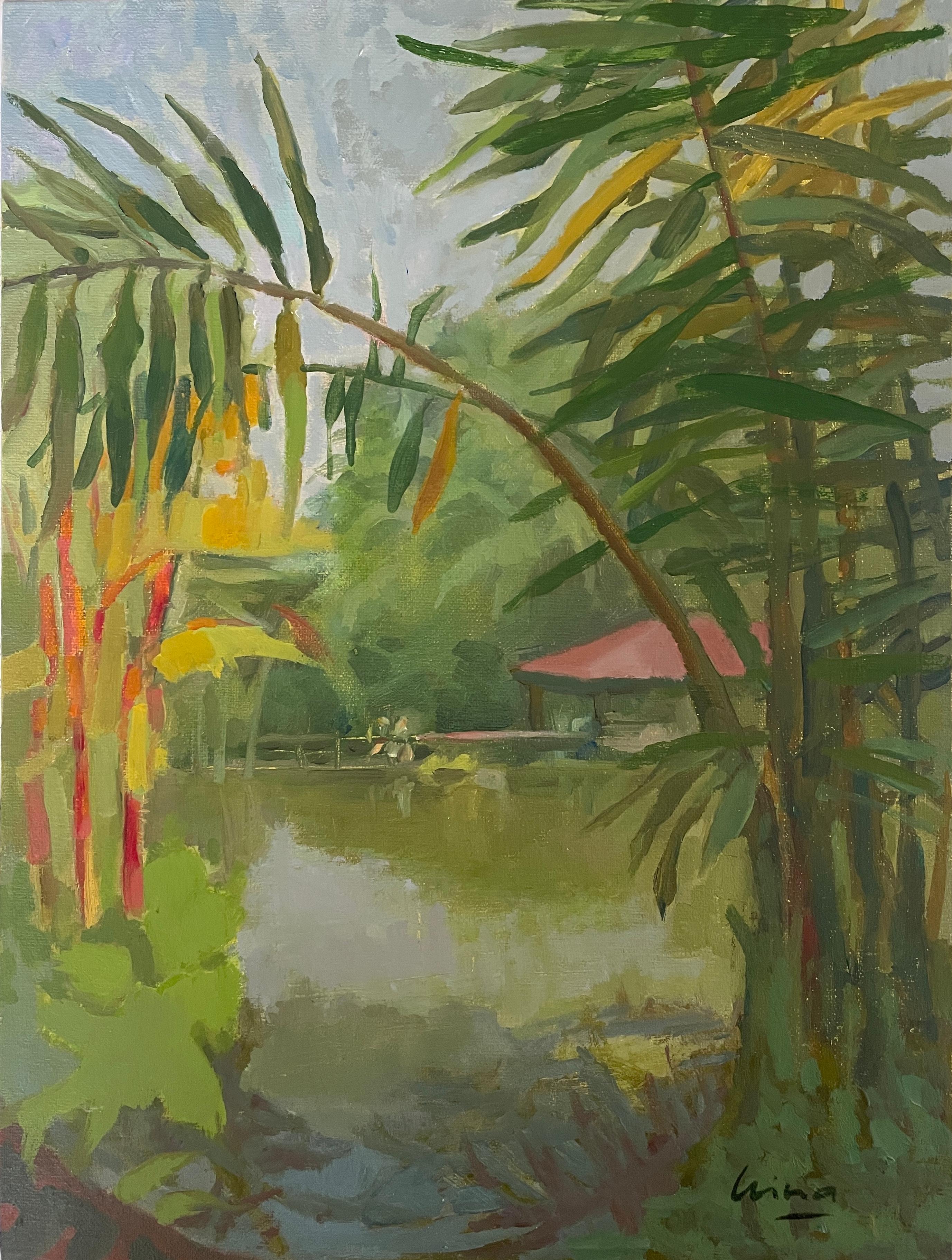 Irina Forrester Landscape Painting - Symphony Lake, Botanic Gardens, small vertical landscape, oil, tropics, nature
