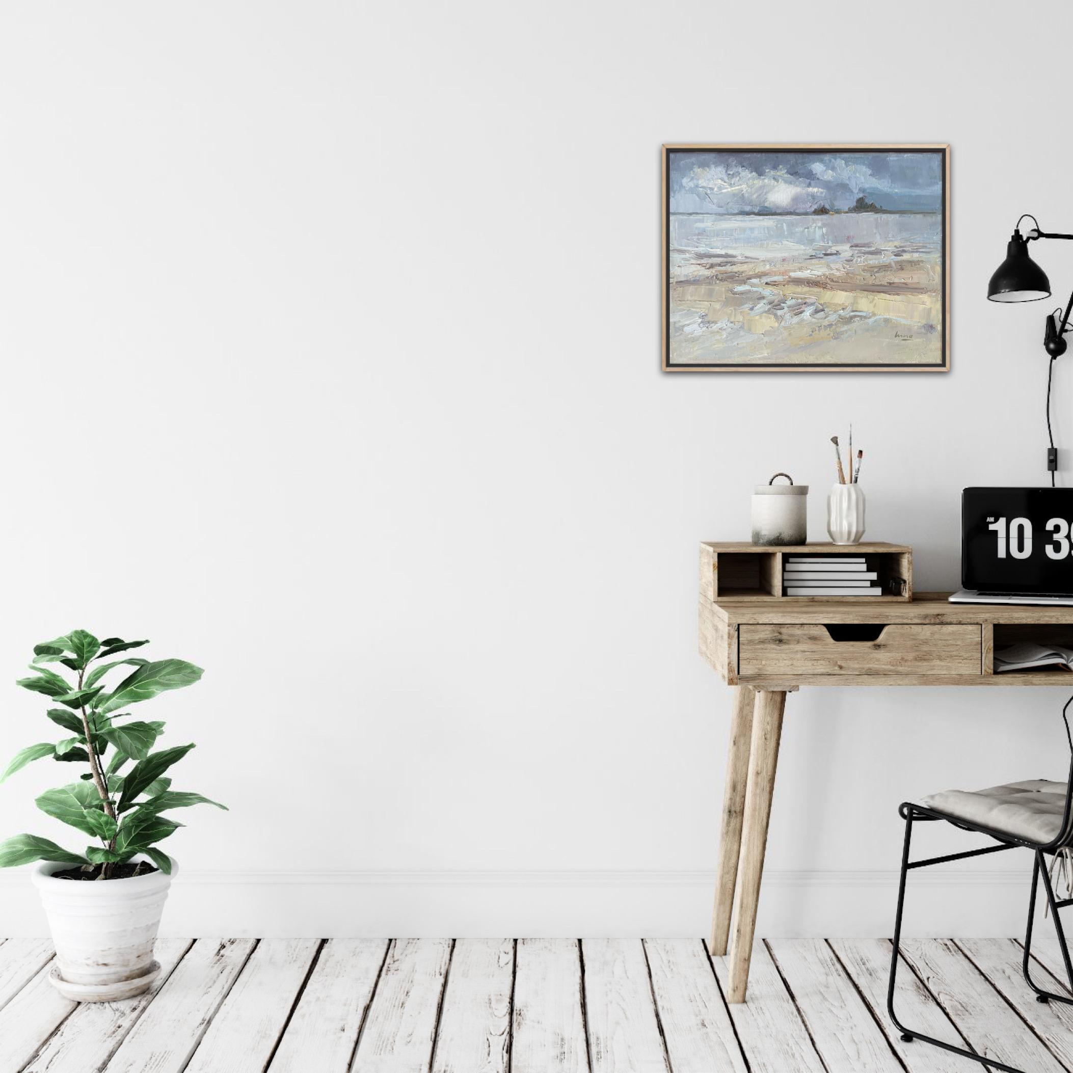 „Das flüchtige Licht“, Meer, Blau, Beige, horizontal, Meer, abstrakte Landschaft im Angebot 4