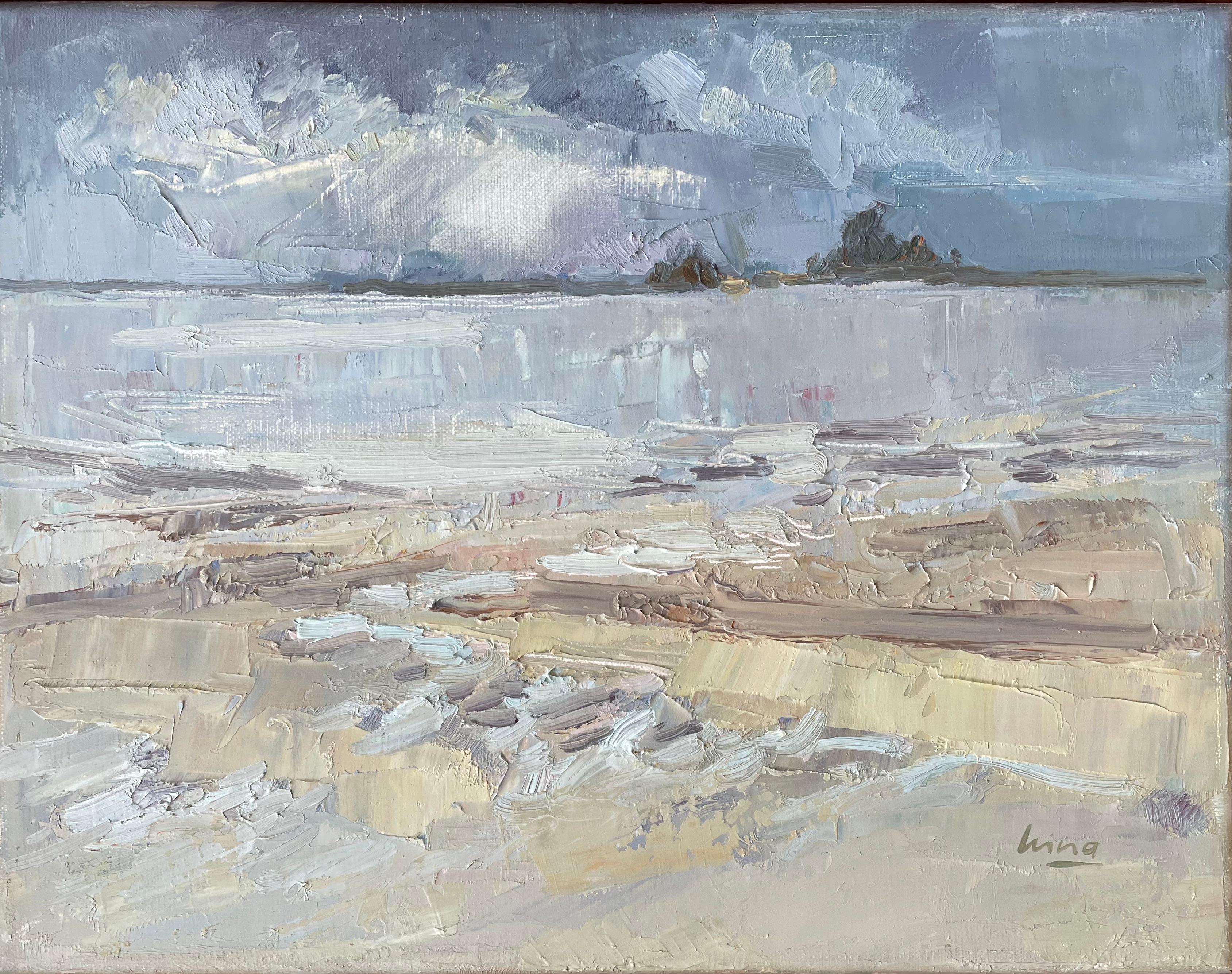 Irina Forrester Landscape Painting - "The fleeting light", sea, blue, beige, horizontal, sea, abstract landscape