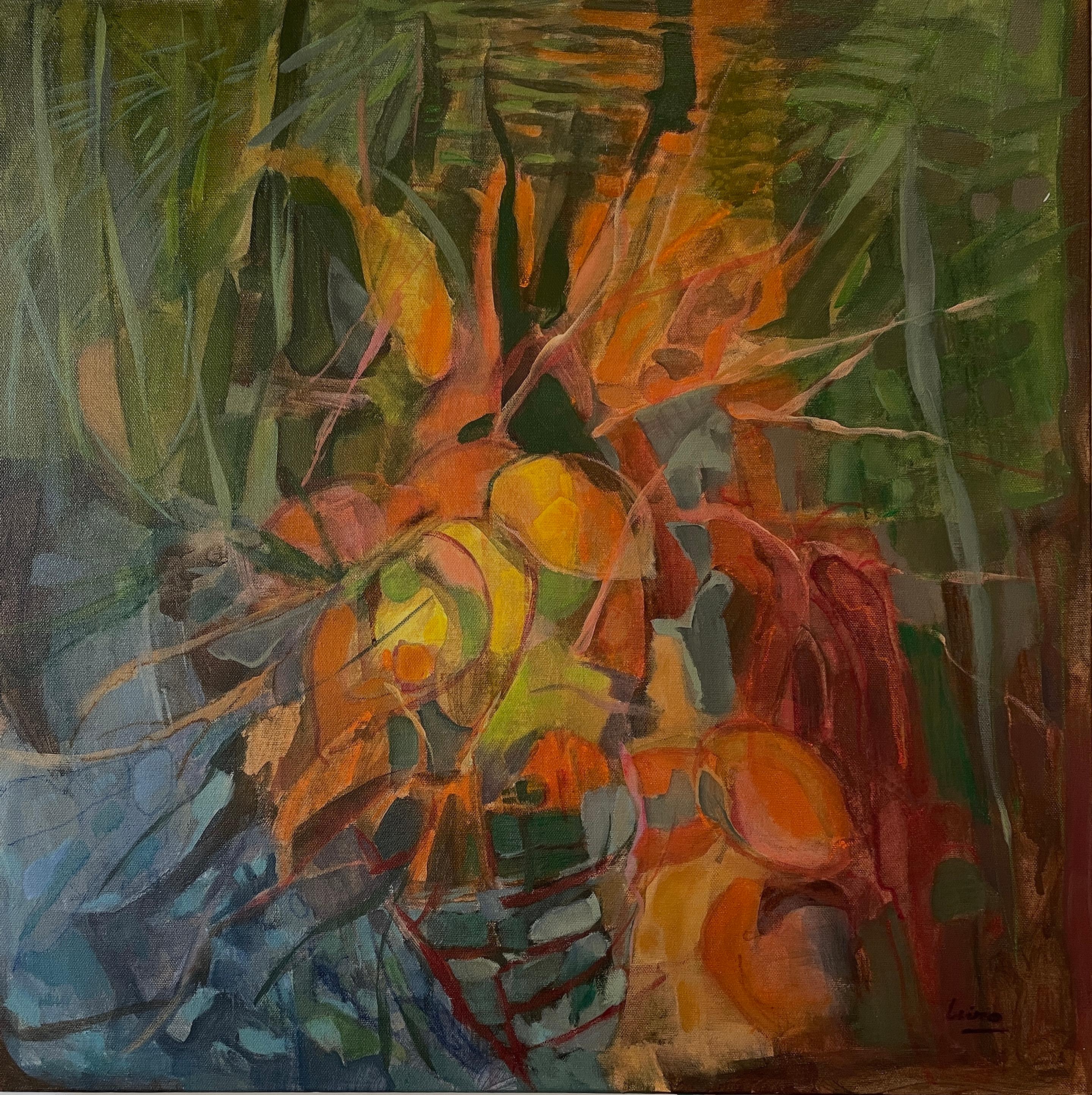 Irina Forrester Abstract Painting - Tropical Kaleidoscope, square, mixed media, tropical, abstract