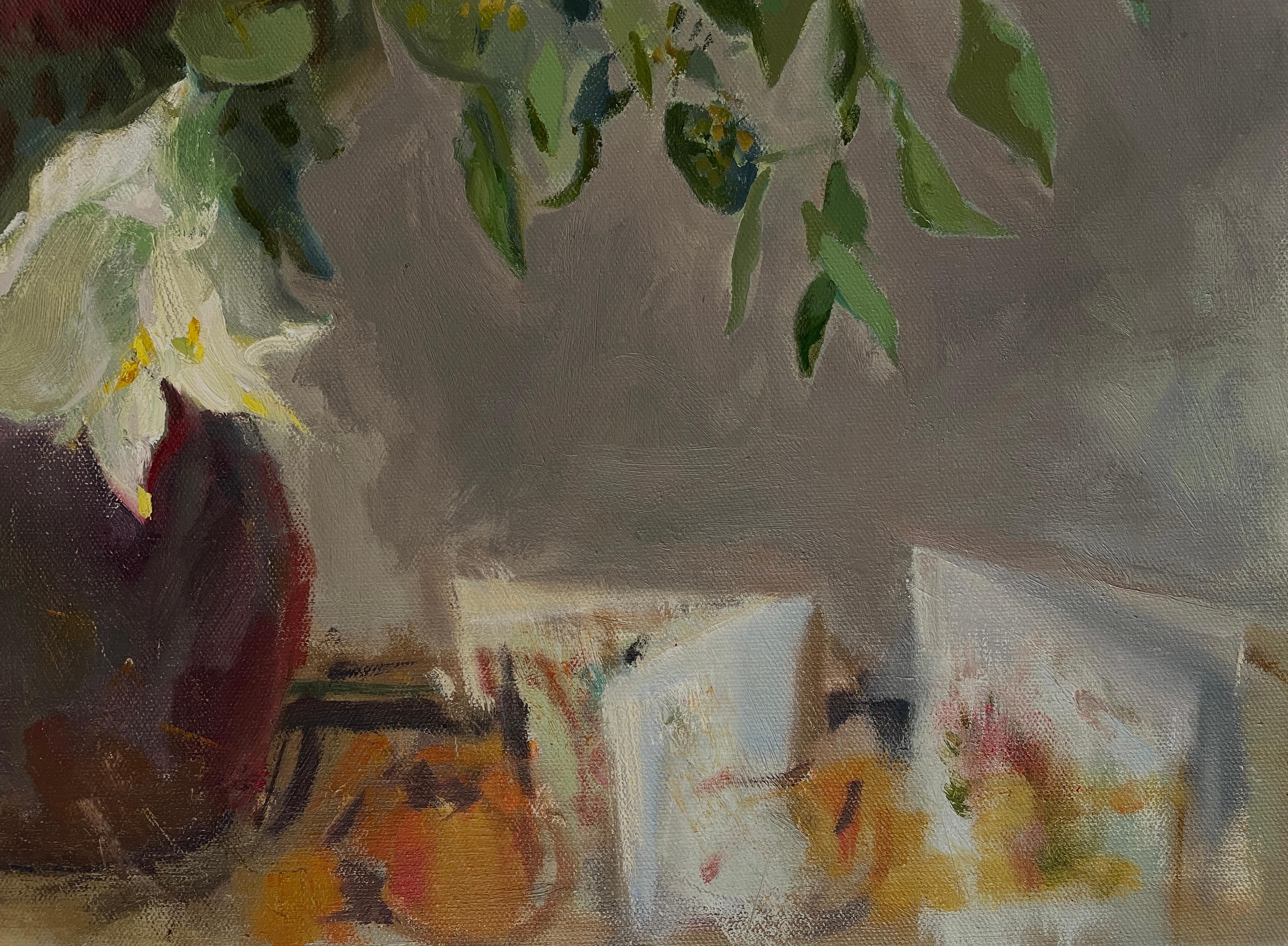 Winterstrauß, Amaryllis, Blumenstillleben, liegend, Öl im Angebot 5