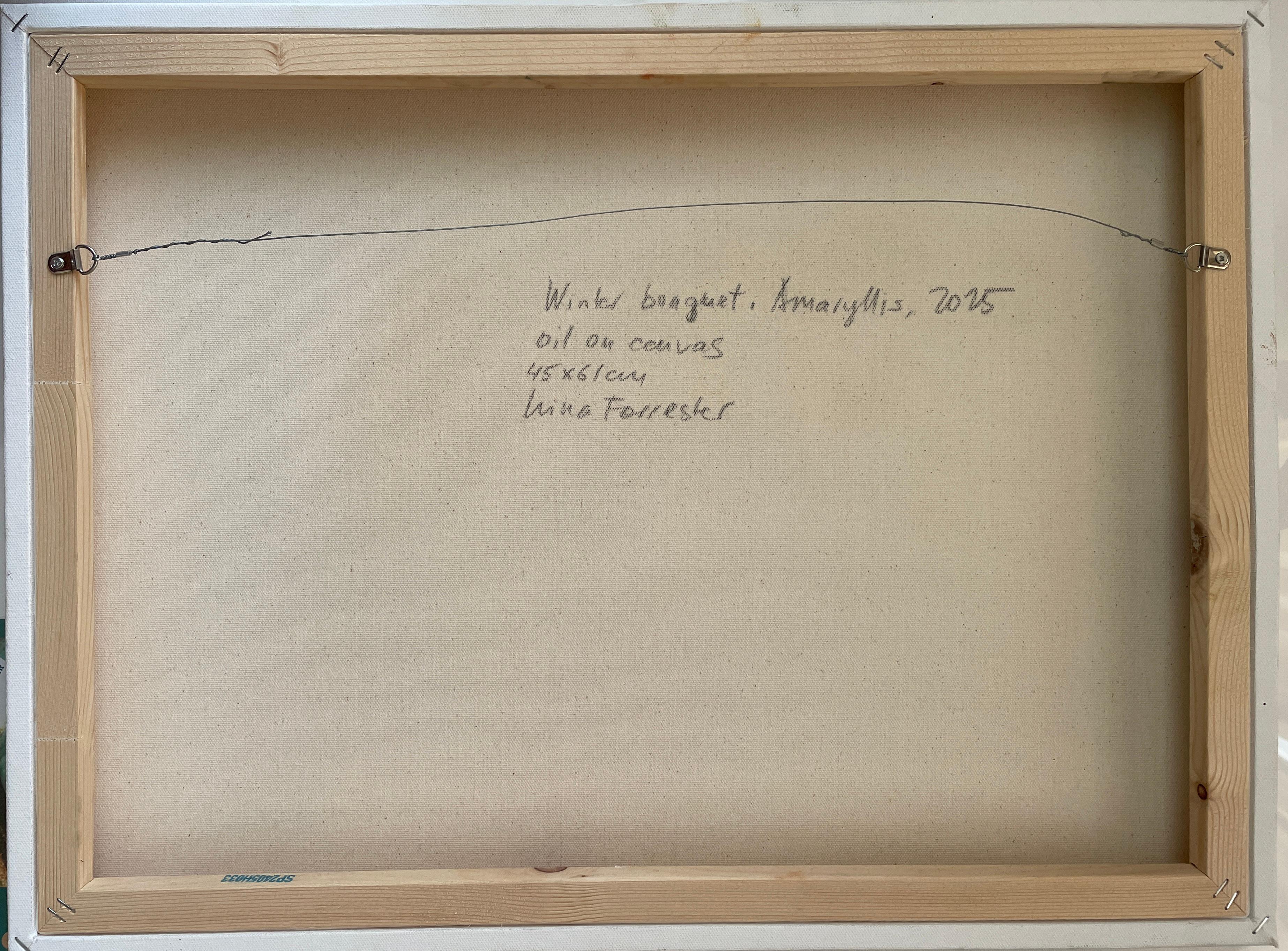 Winterstrauß, Amaryllis, Blumenstillleben, liegend, Öl im Angebot 6