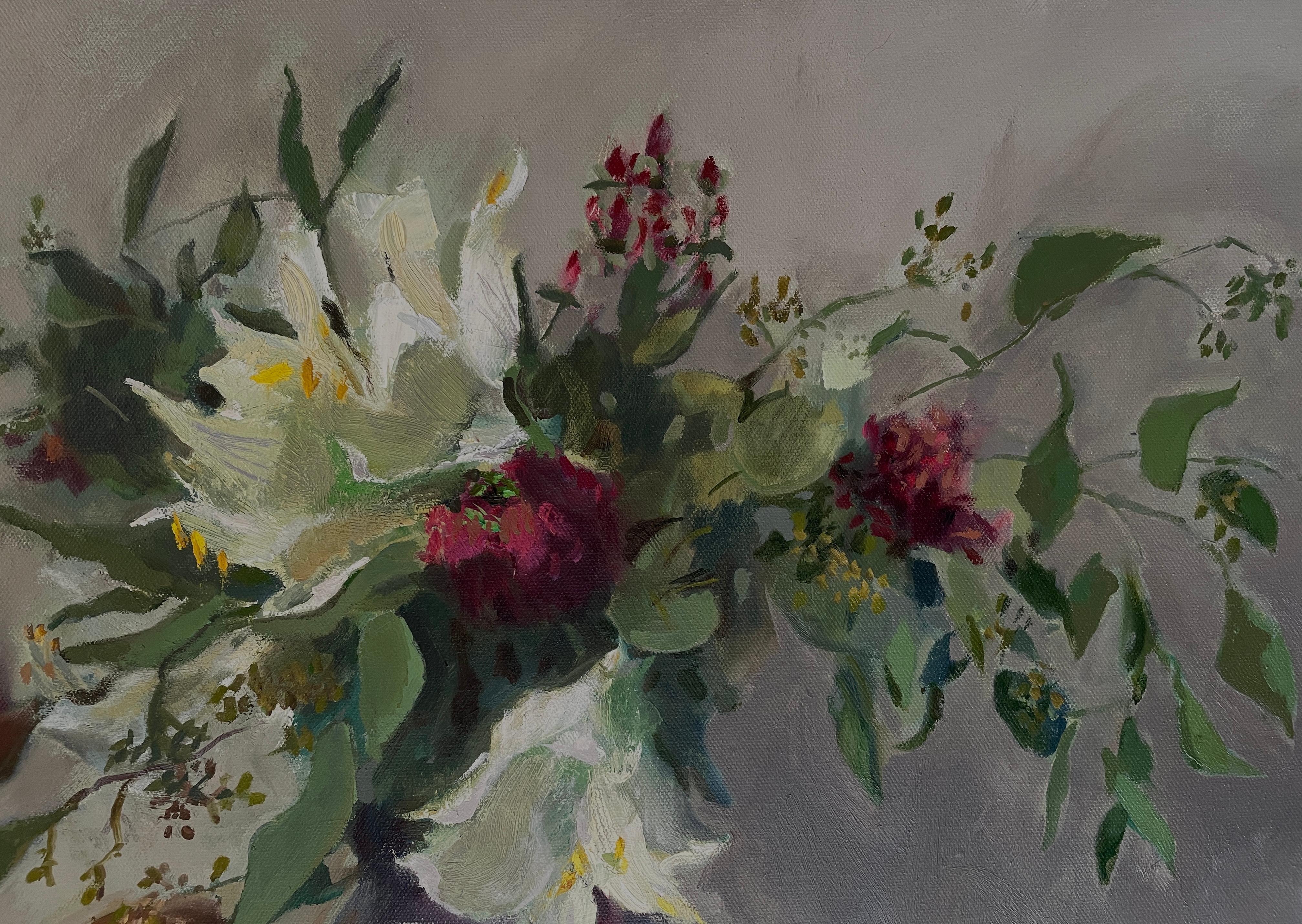 Winterstrauß, Amaryllis, Blumenstillleben, liegend, Öl im Angebot 1