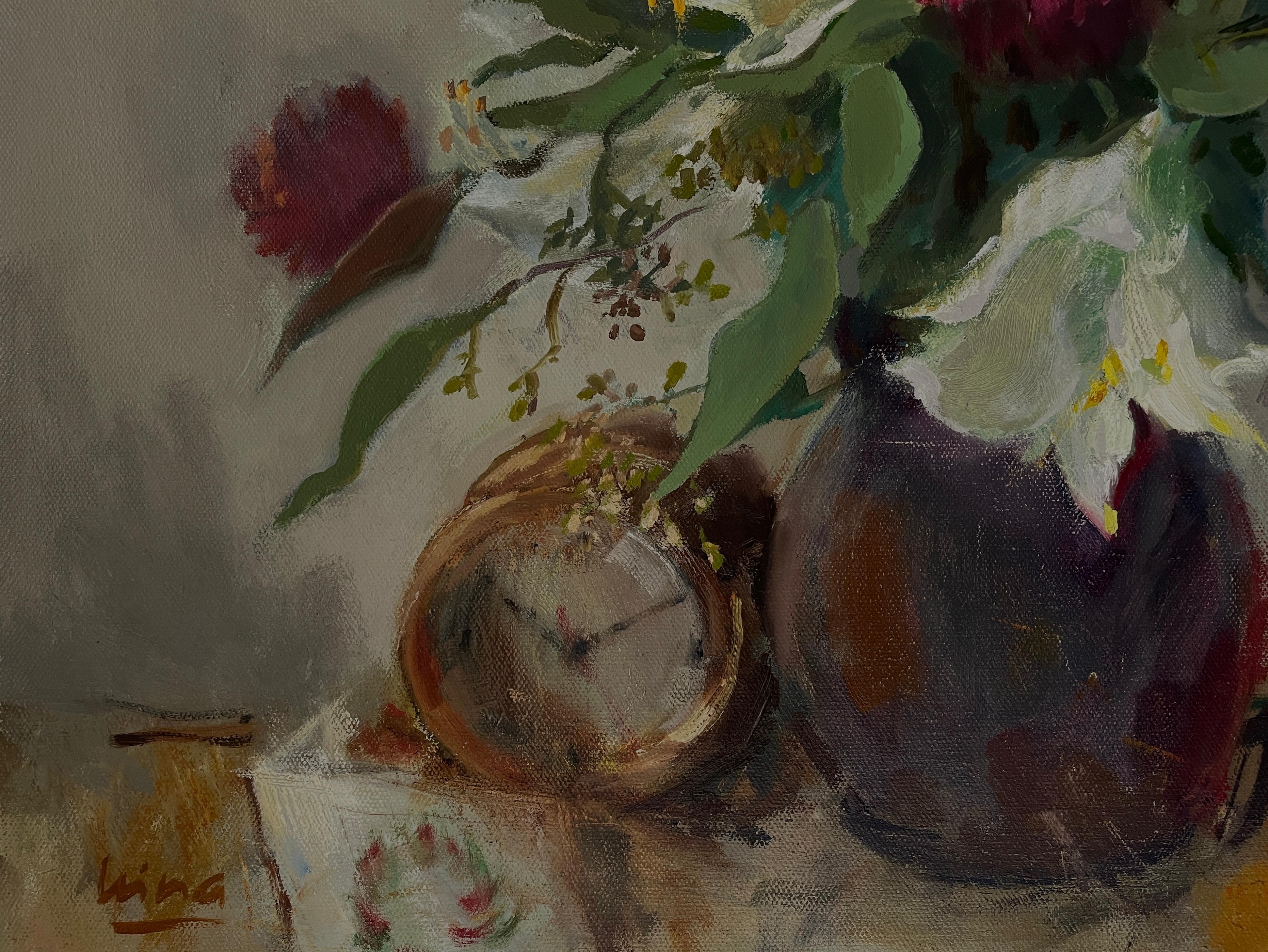 Winterstrauß, Amaryllis, Blumenstillleben, liegend, Öl im Angebot 3