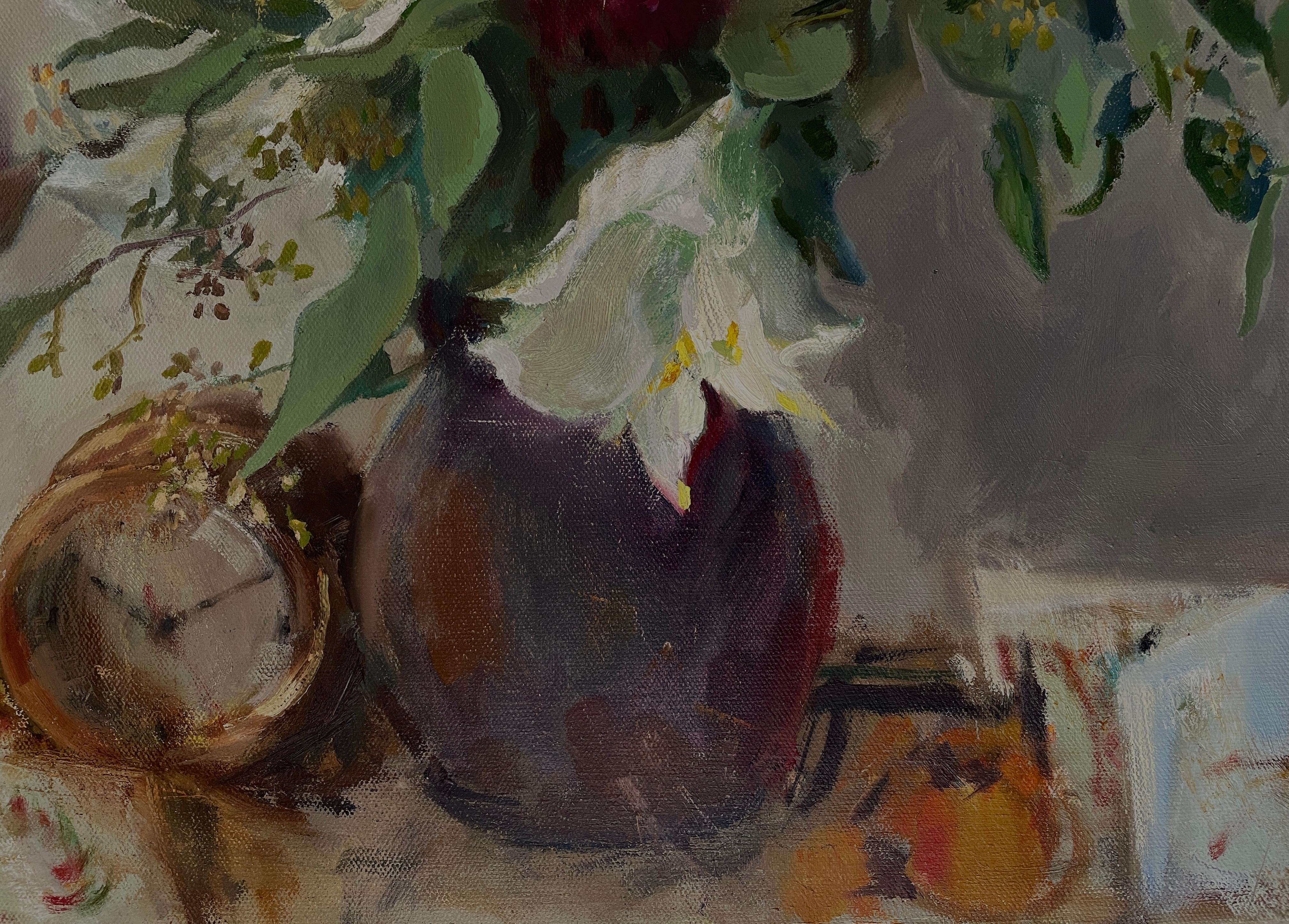 Winterstrauß, Amaryllis, Blumenstillleben, liegend, Öl im Angebot 4