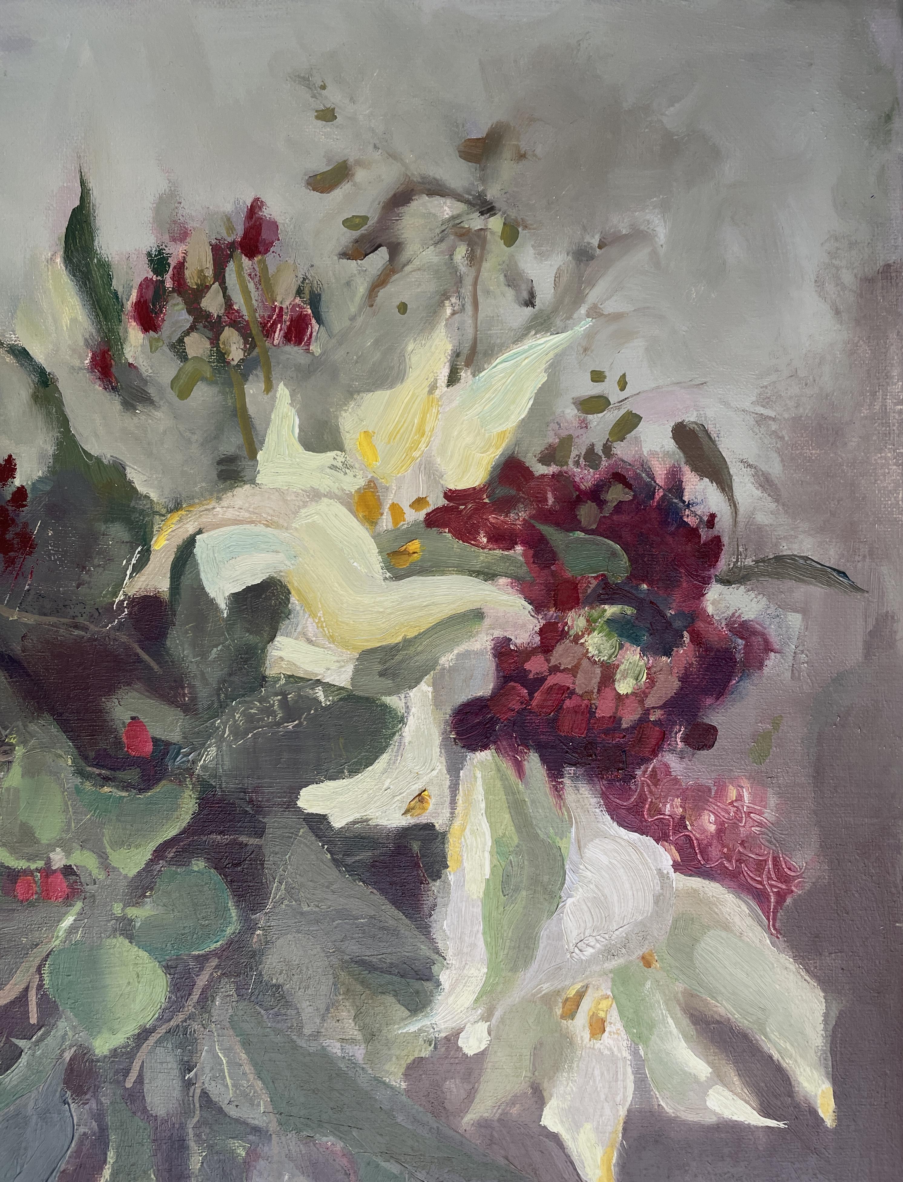 Winterstrauß, Ölblumen, vertikal, stimmungsvoll, Blumen (Abstrakter Impressionismus), Painting, von Irina Forrester