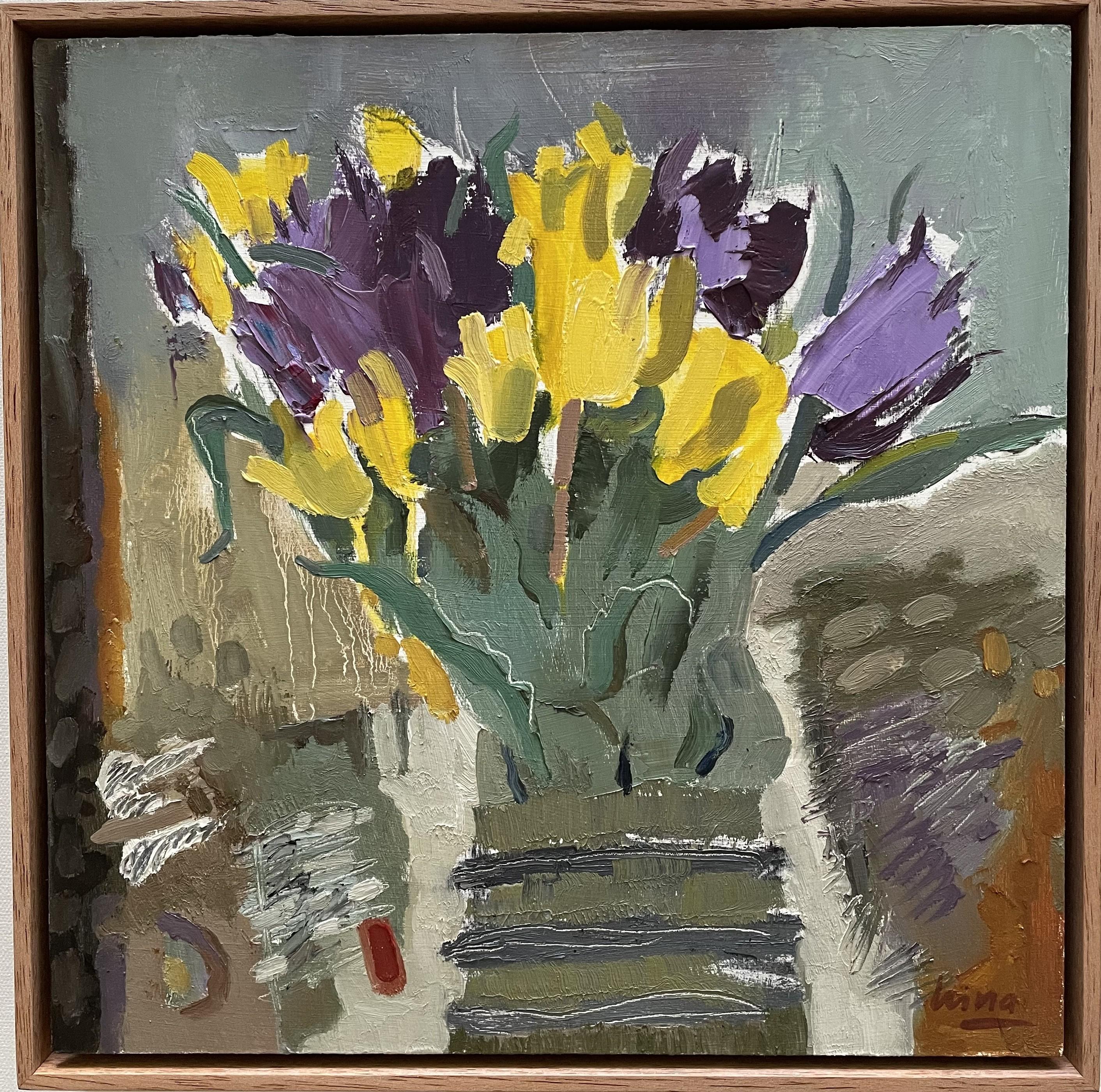 "Flores de cumpleaños anticipadas", cuadrado, amarillo, morado, arte floral, floral abstracto