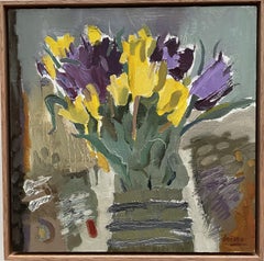 "Flores de cumpleaños anticipadas", cuadrado, amarillo, morado, arte floral, floral abstracto