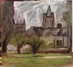 British Modernist Oil Painting Church Yard Gardens Cloudy Landscape