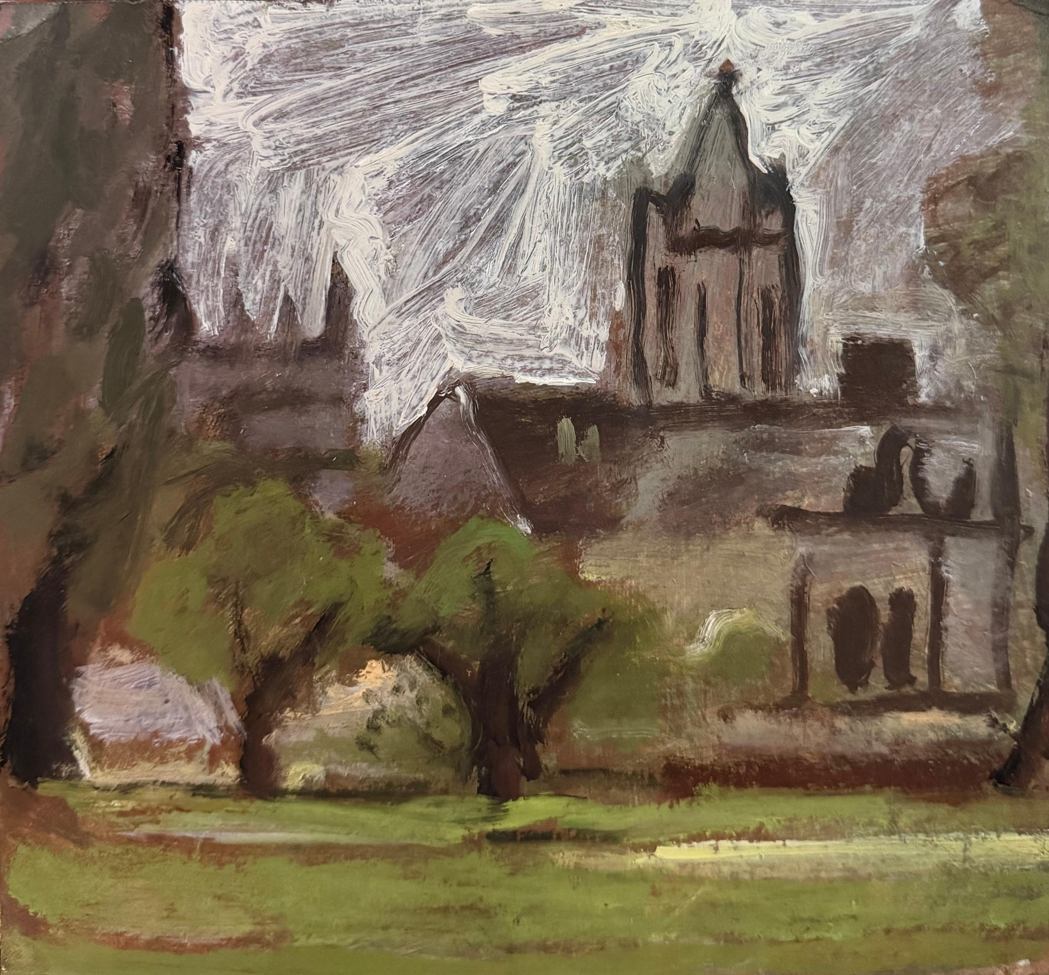 Irina Hale Landscape Painting - British Modernist Oil Painting Church Yard Gardens Cloudy Landscape
