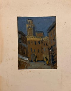 1960's British Modernist Oil Painting European City Town View Ancient Buildings