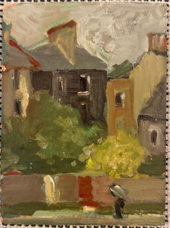 1960's British Modernist Oil Painting Figure on Street outside Houses