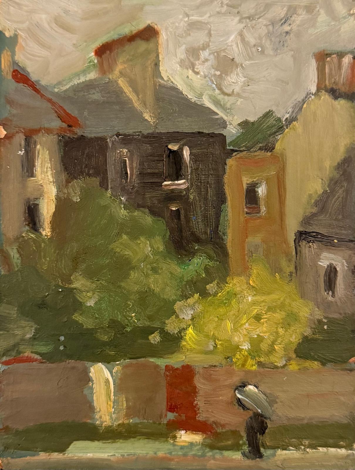 1960
s British Modernist Oil Painting Figure on Street outside Houses