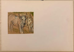 1960's British Modernist Painting Crayon Sketch Two Long Horned Cattle