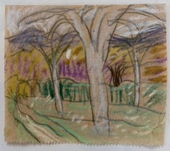 Alberi spogli in una foresta colorata Schizzo britannico modernista a pastello e matita