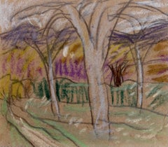 Vintage Bare Trees In a Colourful Forest British Modernist Pastel and Pencil Sketch