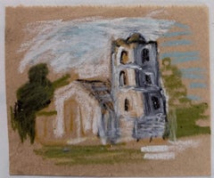 Belle Church s'illuminant dans le champ Esquisse pastel moderniste britannique