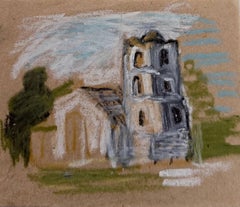 Beautiful White Church Glowing in The Field British Modernist Pastel Sketch