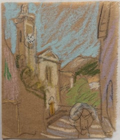 Bell Tower and Buildings In Blue Sky Landscape British Modernist Pastel Sketch
