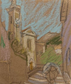 Bell Tower and Buildings In Blue Sky Landscape British Modernist Pastel Sketch