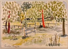 Bench In Dotted Green Garden Watercolour British Landscape