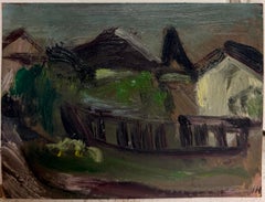 Black Bridge in Gloomy Purple Green Landscape Modernist Oil Painting