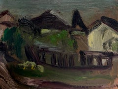 Black Bridge in Gloomy Purple Green Landscape Modernist Oil Painting