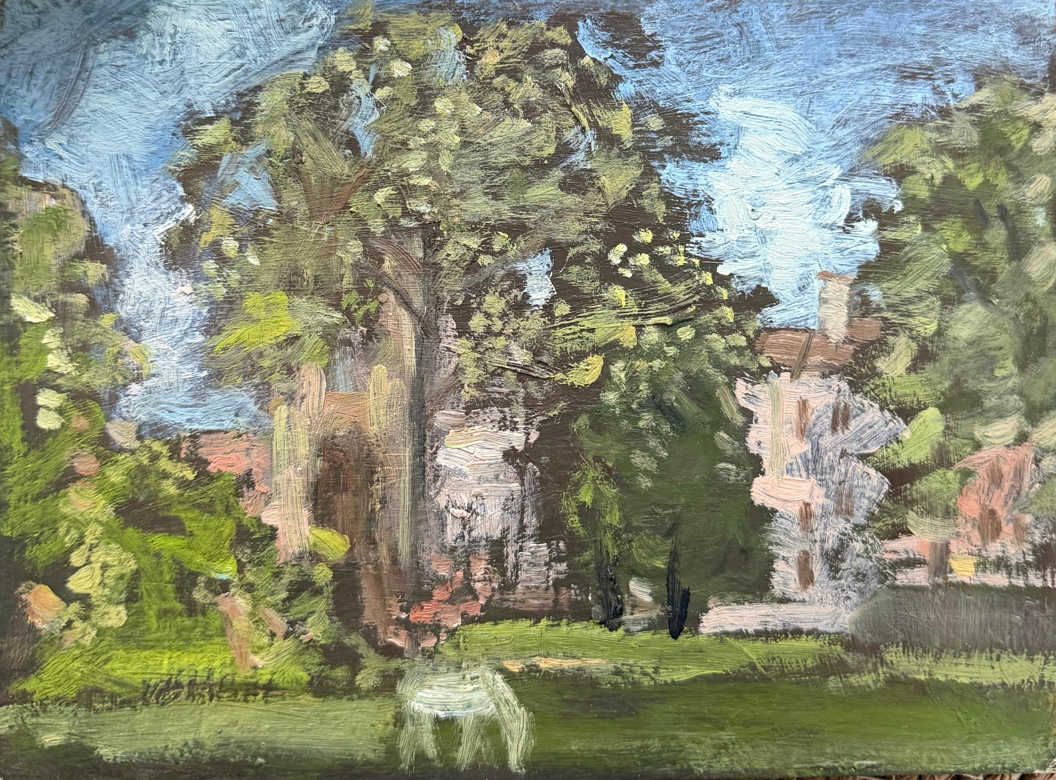 Irina Hale Landscape Painting – Blauer Himmel Sommer Garten mit einem schwachen Pferd Skizze Modernist Ölgemälde