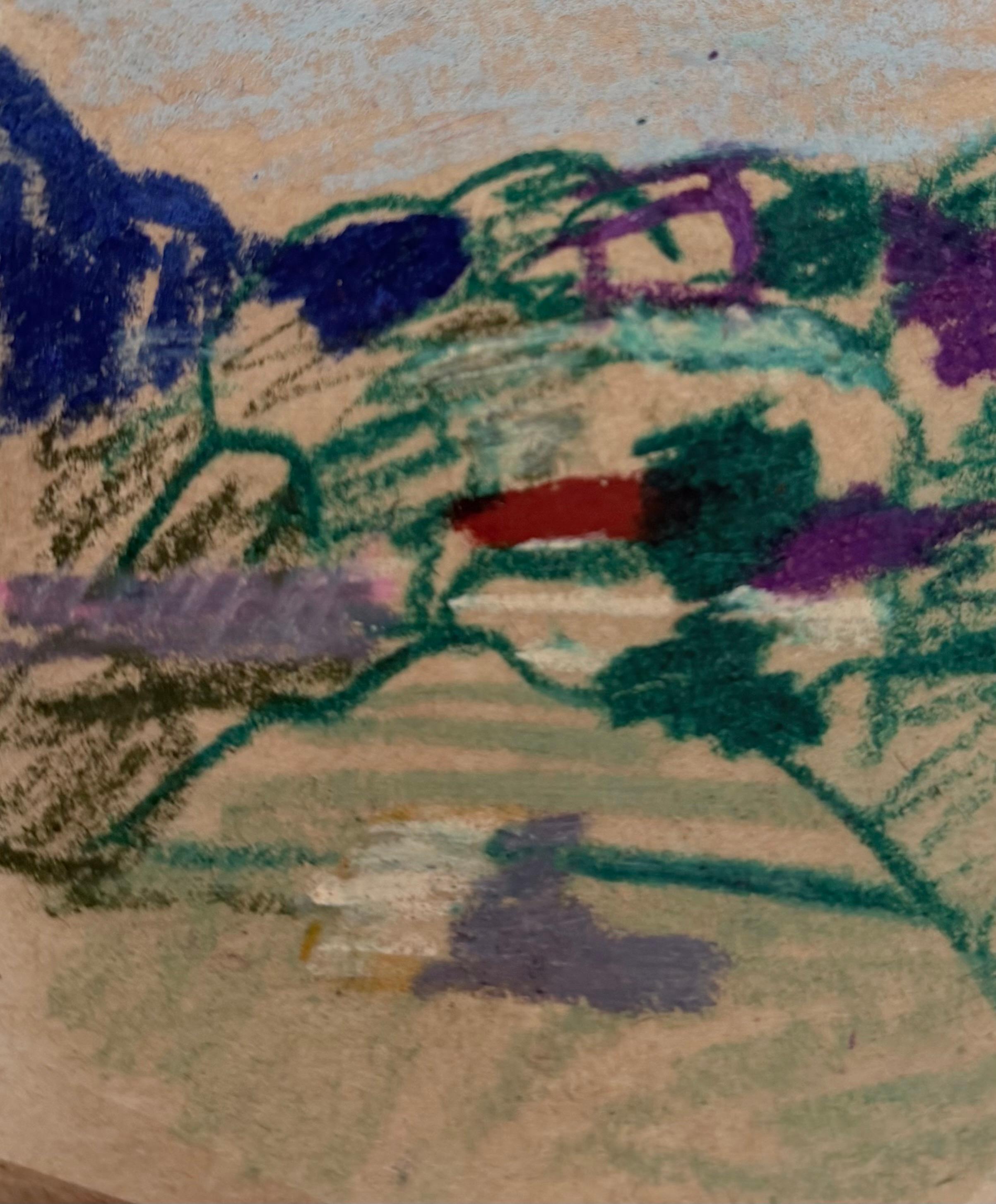 Bright and Colourful Valley Landscape British Modernist Pastel Sketch