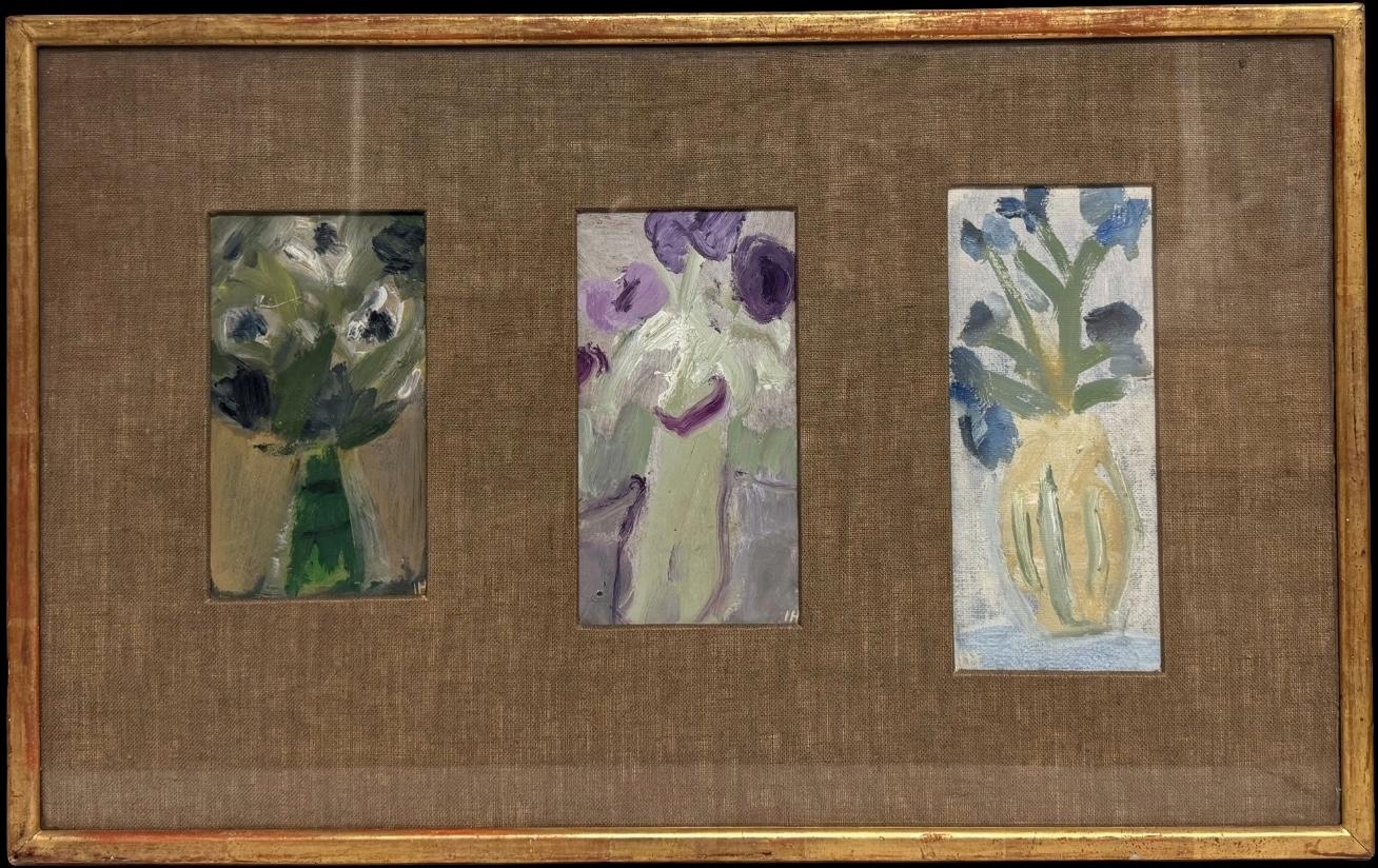 Tre fiori luminosi in vasi dipinti ad olio montati su cornice