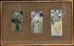 Tre fiori luminosi in vasi dipinti ad olio montati su cornice