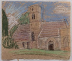 Church In Blue Sky Landscape British Modernist Pastel Sketch