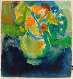 Bunte Blumen in grüner runder Glasvase Britisches modernistisches Ölgemälde