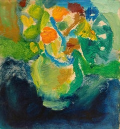 Bunte Blumen in grüner runder Glasvase Britisches modernistisches Ölgemälde