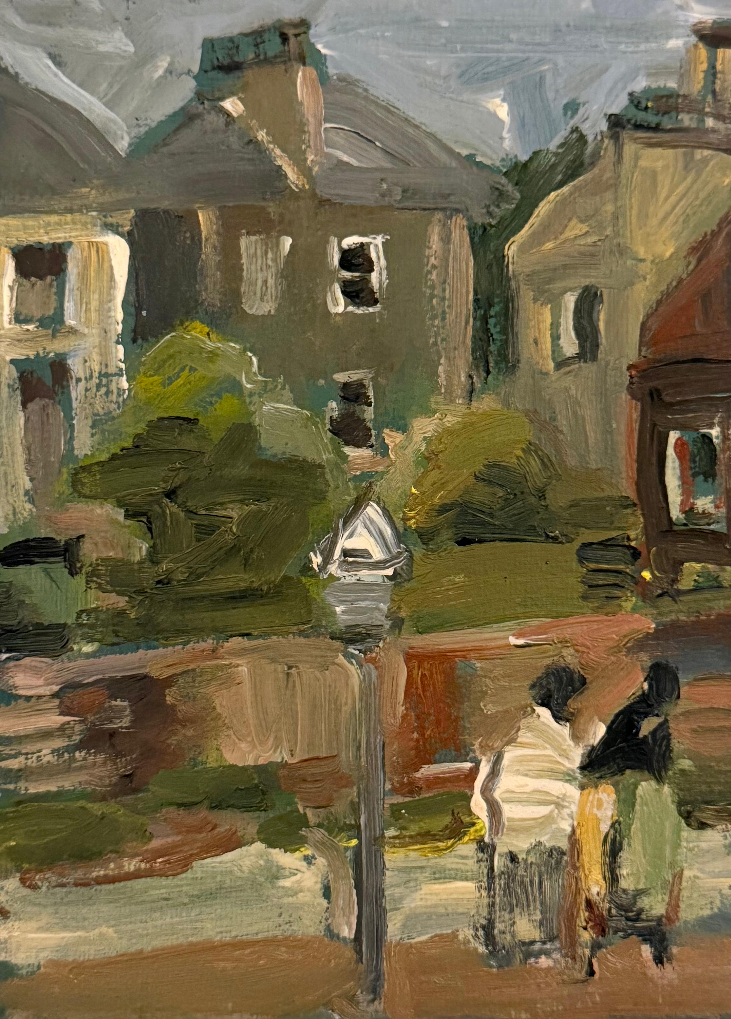 Couple Strolling Along The Village Path British Modernist Oil Painting