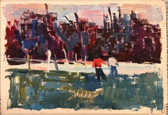 Couple Walking Along The Frozen Lake in Forest British Modernist Oil Painting