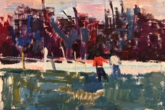 Couple Walking Along The Frozen Lake in Forest British Modernist Oil Painting