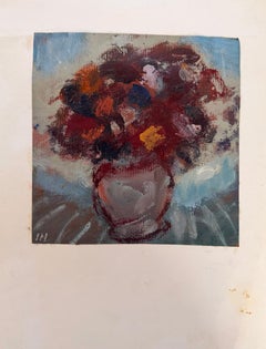 Fiori di colore intenso in cassa rotonda con interni blu Pittura ad olio modernista