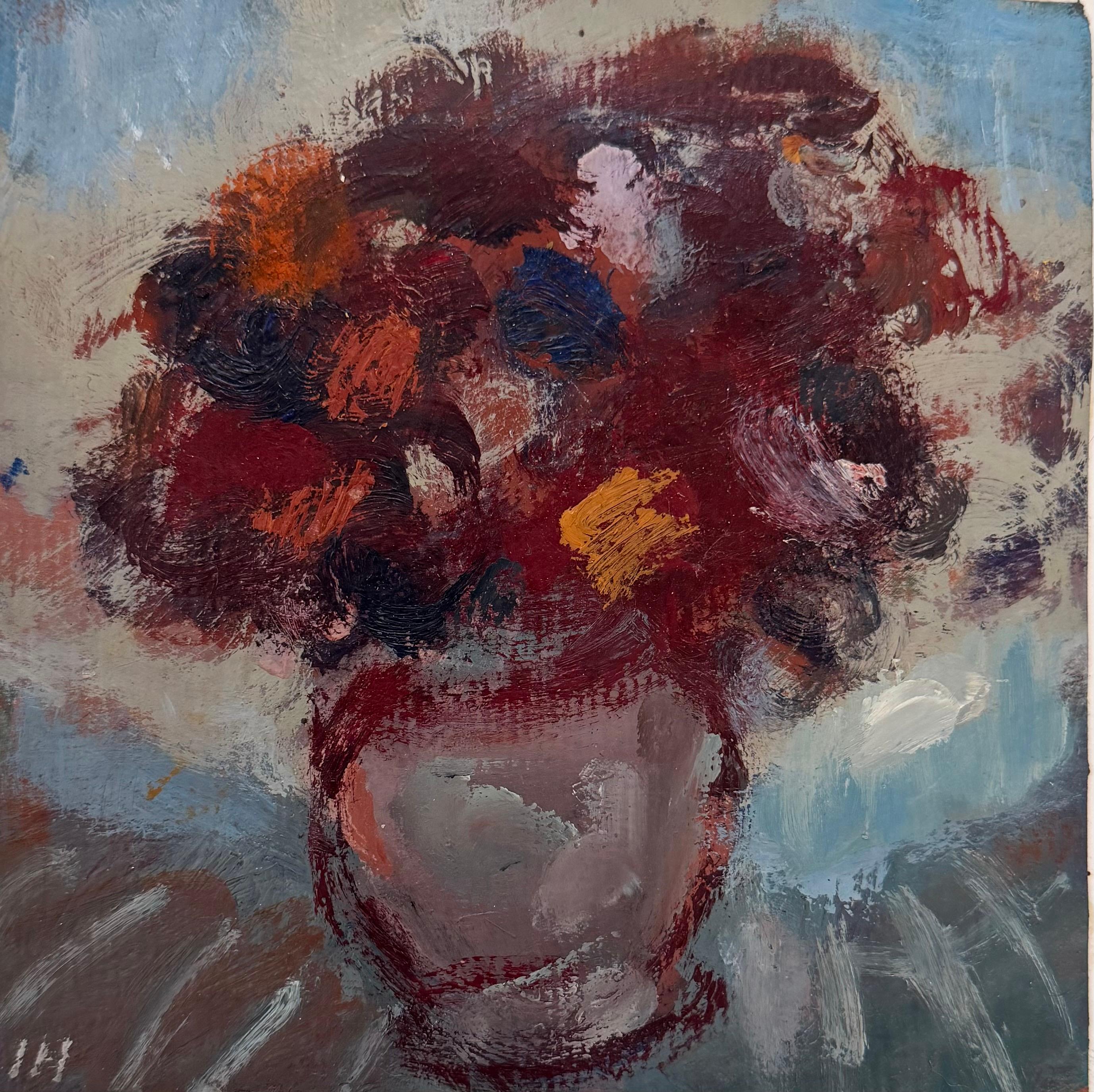 Irina Hale Still-Life Painting – Deep Colour Flowers Round Case in Blue Interior Modernist Oil Painting