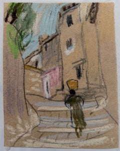 Figure Carrying Water On Her Head Up The Steps British Modernist Pastel Sketch